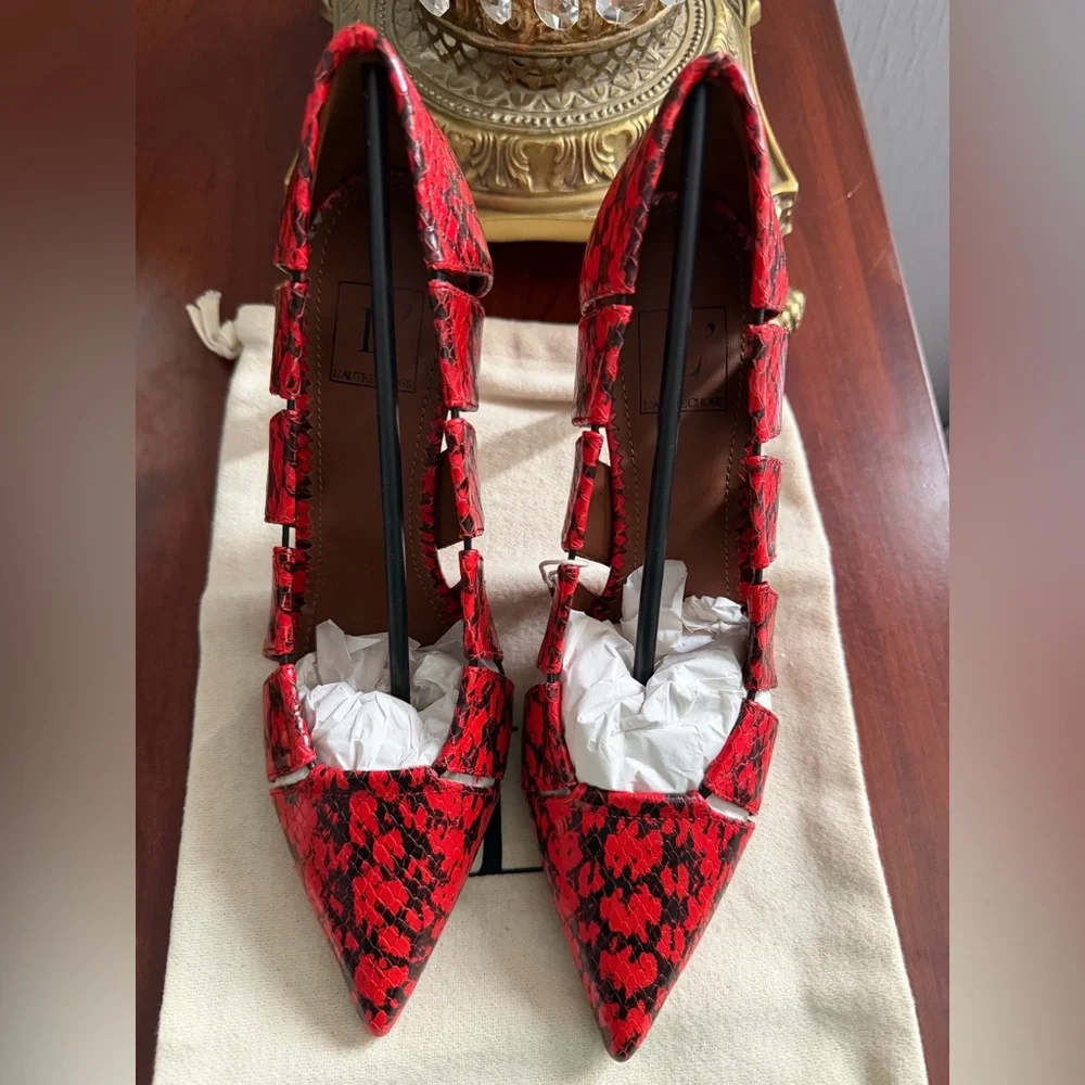 L’Autre Chose Red & Black Ayers Snake Print Heels  NIB Size 35.5 - $415 Retail